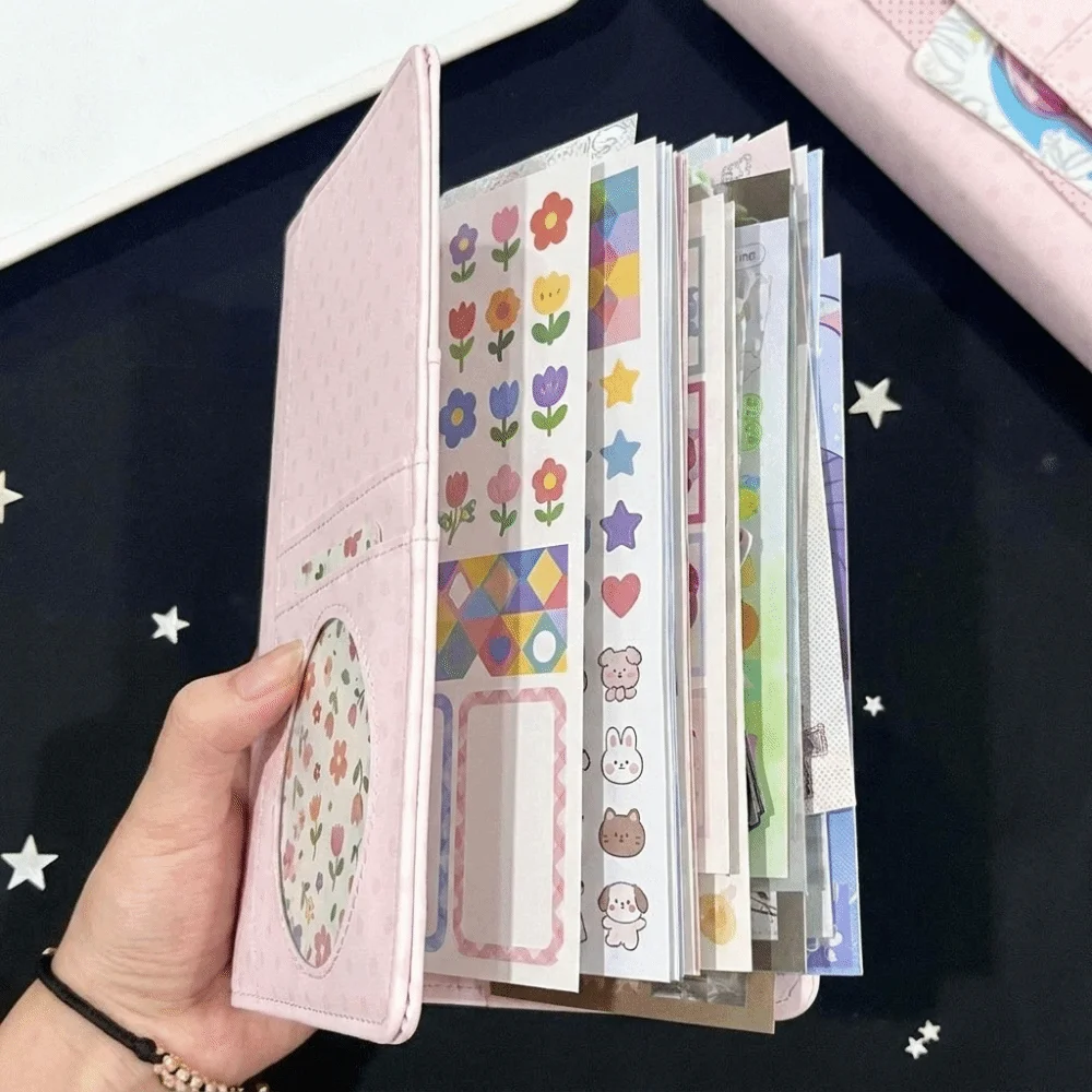 Kawaii PU Cover A6 Loose Leaf Notebook Pink Clip-on Diary Book Blank Grid Lined Pages 45 Sheets Journal Notebook Stationery Set
