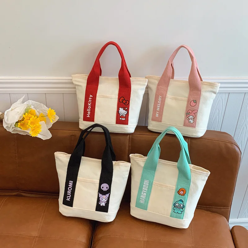 

Sanrio Contrast Color Hello Kitty Kuromi Canvas Zipper Tote Bag Bento Lunch Box Bag Hangyodon Kawaii Women Handy Snack Bag Gifts
