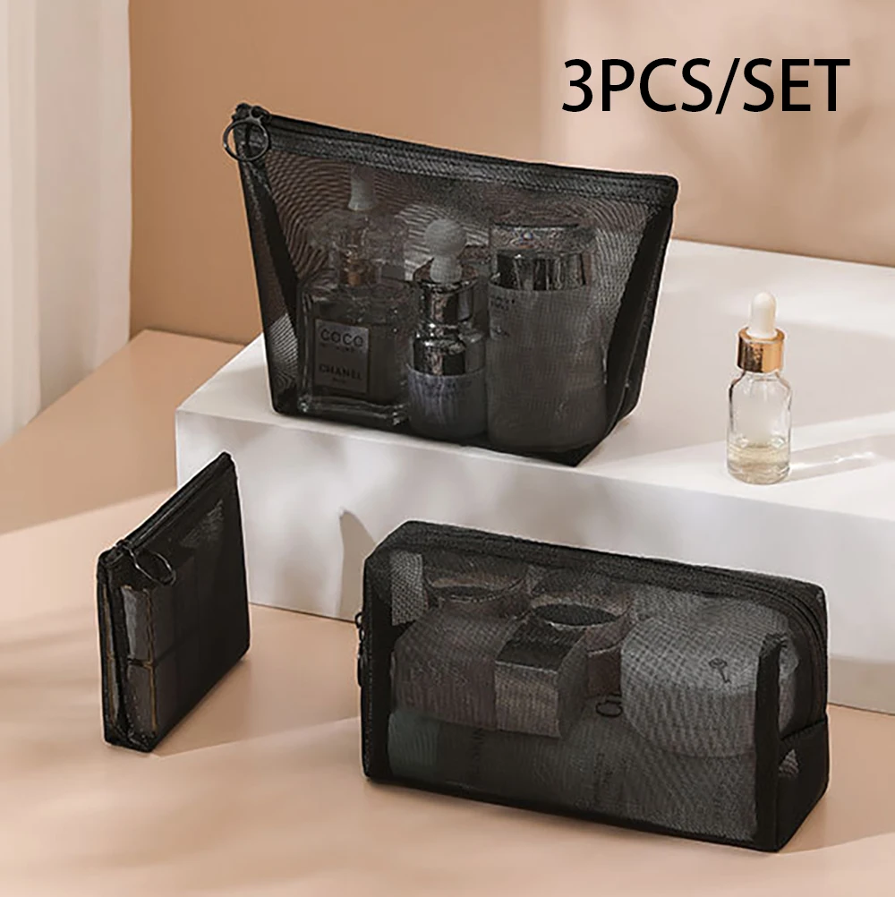 

Black Mesh Toiletry Bags for Women Travel Makeup Bag Small Large Case Organizer Cosmetic Cases Toiletries Storage Handbag Pouch