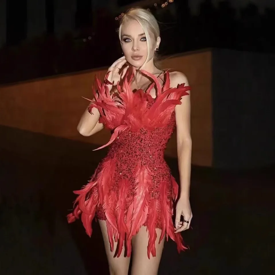 

European and American Heavy Industry Long Feather Sequins Tube Top Hip-Wrapped Cocktail Party Dress Dress Evening Dress