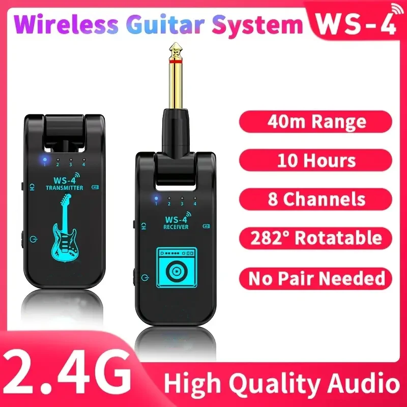 

WS-4 2.4GHz Wireless Guitar Audio System - No Pairing Required, 8 Channels, 40m Range, 10H Battery, for Guitar/Keyboard/Drums