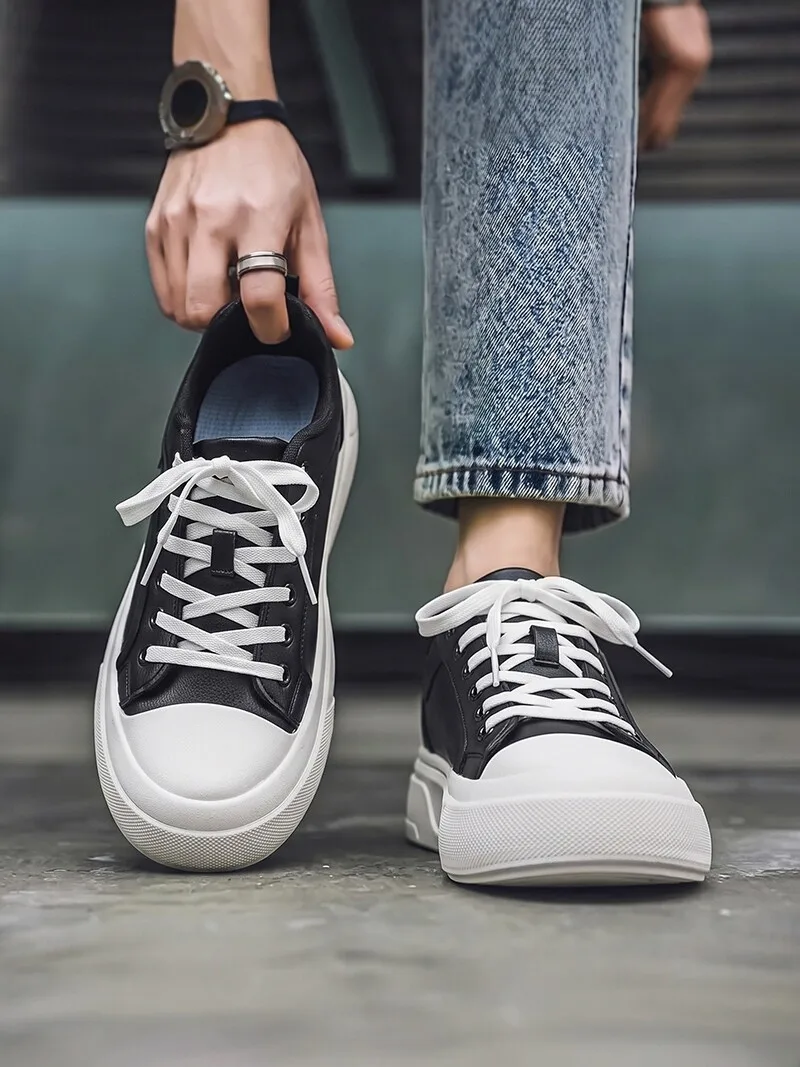 Men's Casual Leather Shoes Spring Autumn Thick Bottom Heightening Sports Leisure Board Shoes Fashionable All-Match White Leather