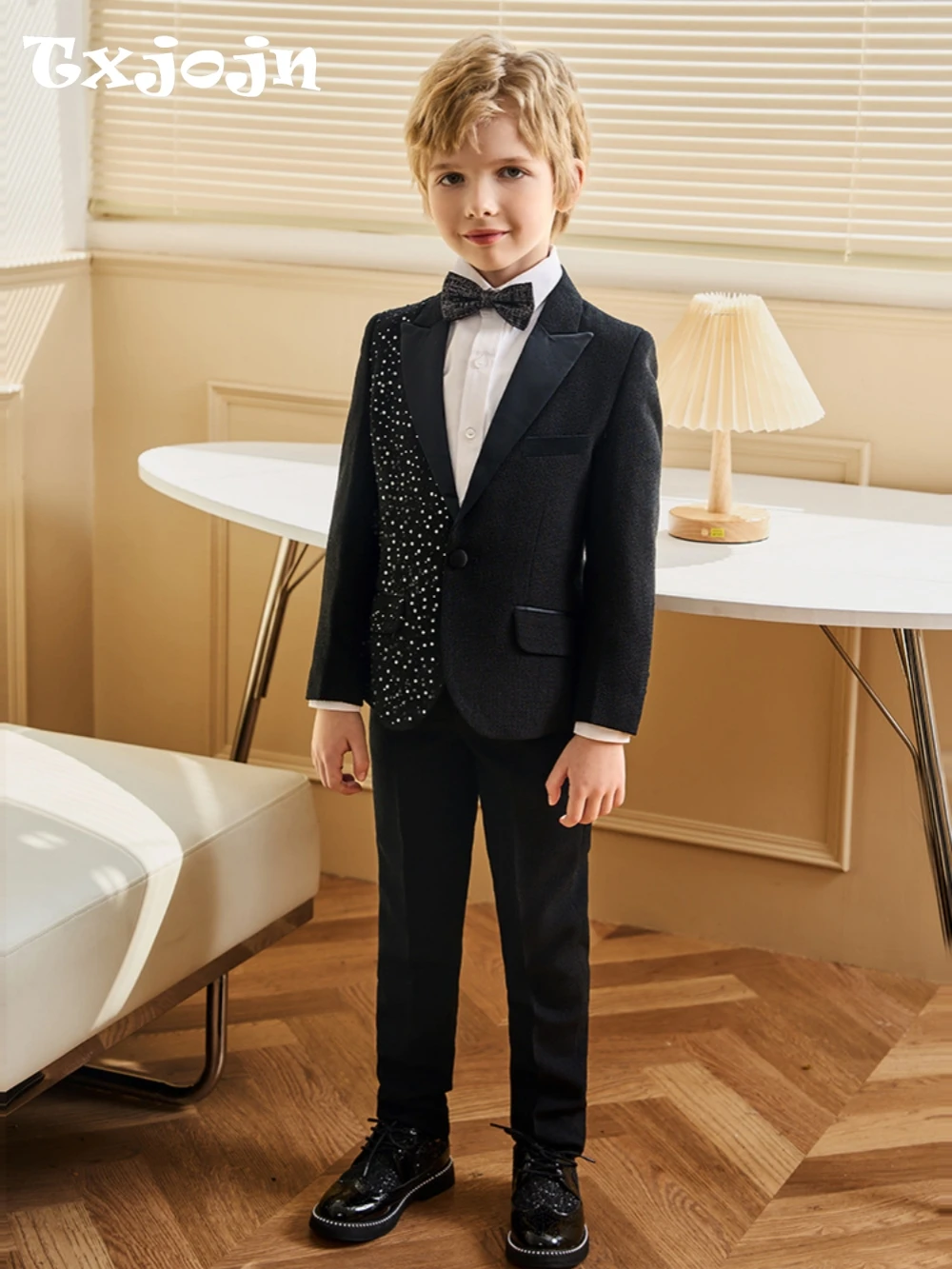 Txjojn Exquisite Beaded Boys Suits 3 Pieces Jacket Pants Bow-tie Birthday Party Wear Handsome Kids Suit Set For Performance