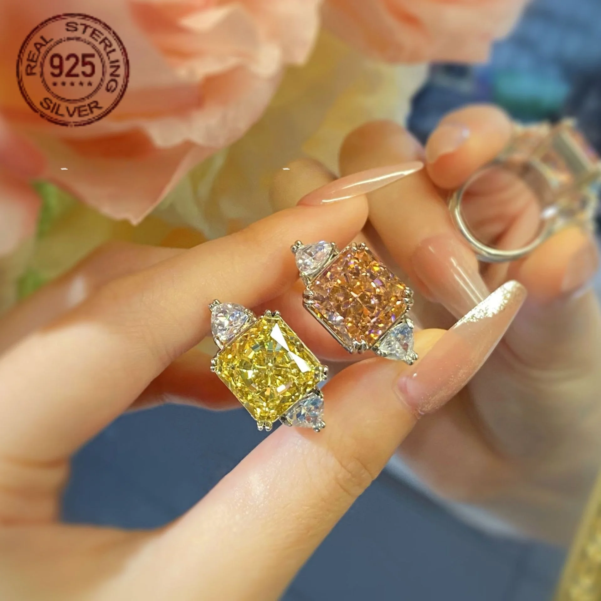 

New 12MM Square Ice Flower Cut Yellow Citrine Gemstone Luxury 925 Silver Rings Women Trendy Wedding Engagement Promise Jewelry