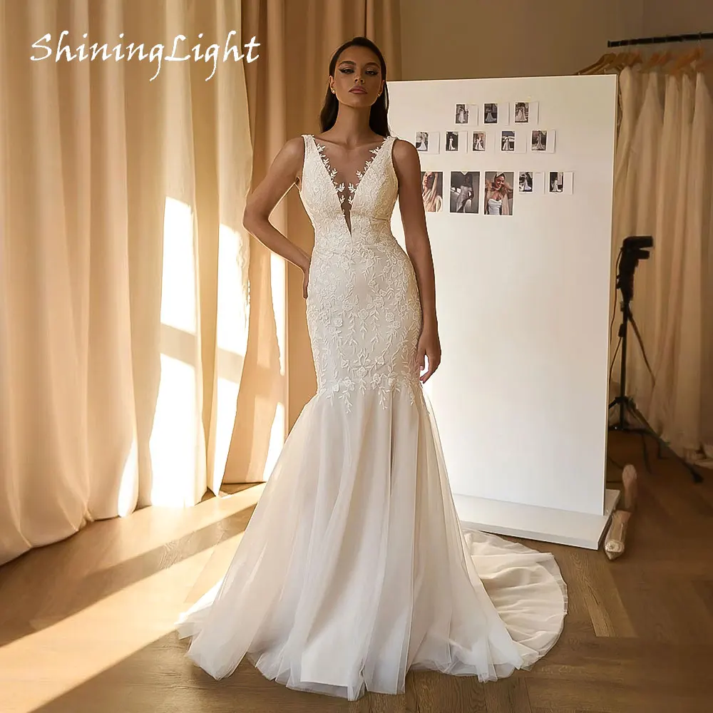 

ShiningLight Tulle Lace Mermaid Wedding Dress V-Neck Appliques Women's Bride Gowns Sleeveless Vestidos De Novias Customized