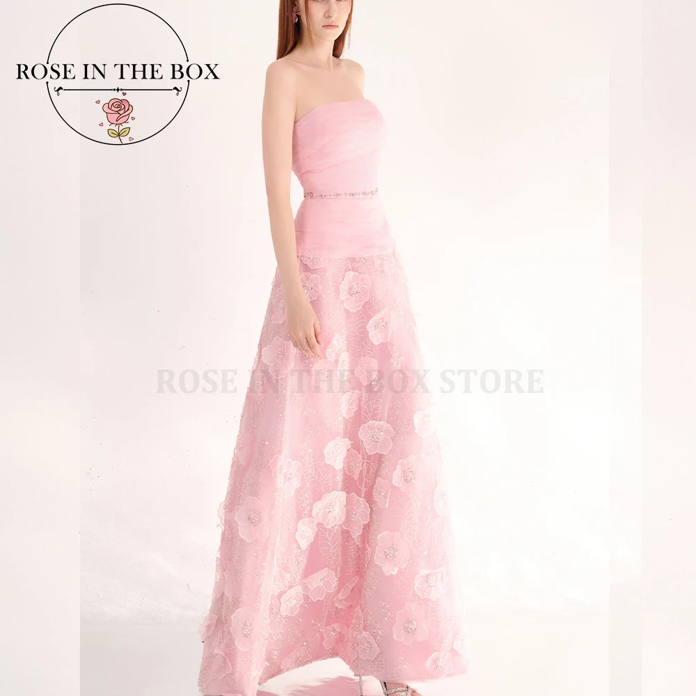 ROSEINTHEBOX Customized Pink Strapless A-line 3D Floral Evening Dresses Romantic Formal Dress Long Prom Dress for Christmas
