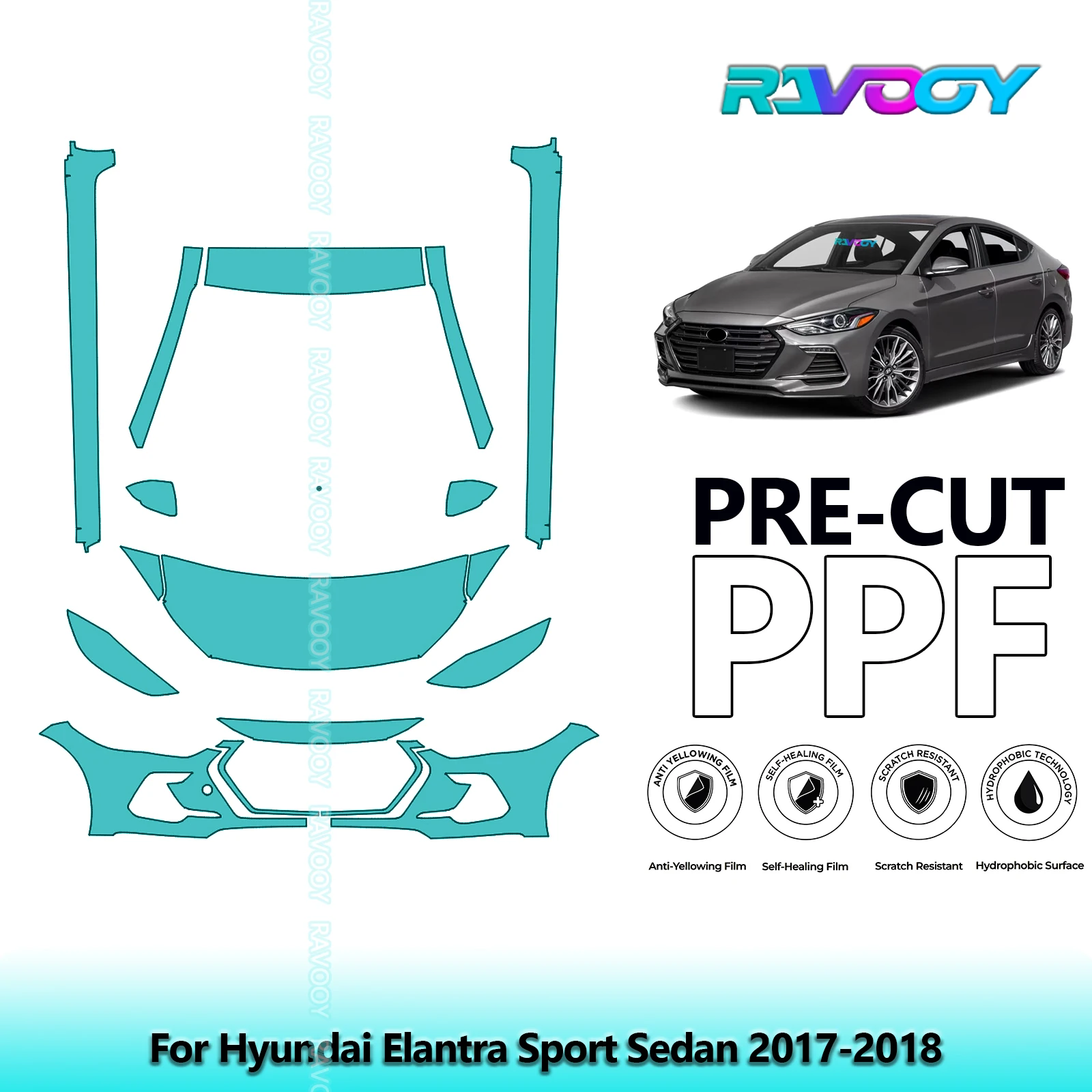RAVOOY 8.5Mil Custom-Fit Precut TPU PPF Front Kit Clear Bra Stone Guard EU UK For Hyundai Elantra Sport Sedan 2017-2018