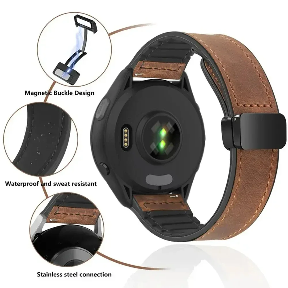 حزام جلد + سيليكون لـ Garmin Approach S50 Vivoactive 6/5 Venu 3/2 سوار معصم مغناطيسي Garmin Forerunner 55 165 265 965 حزام