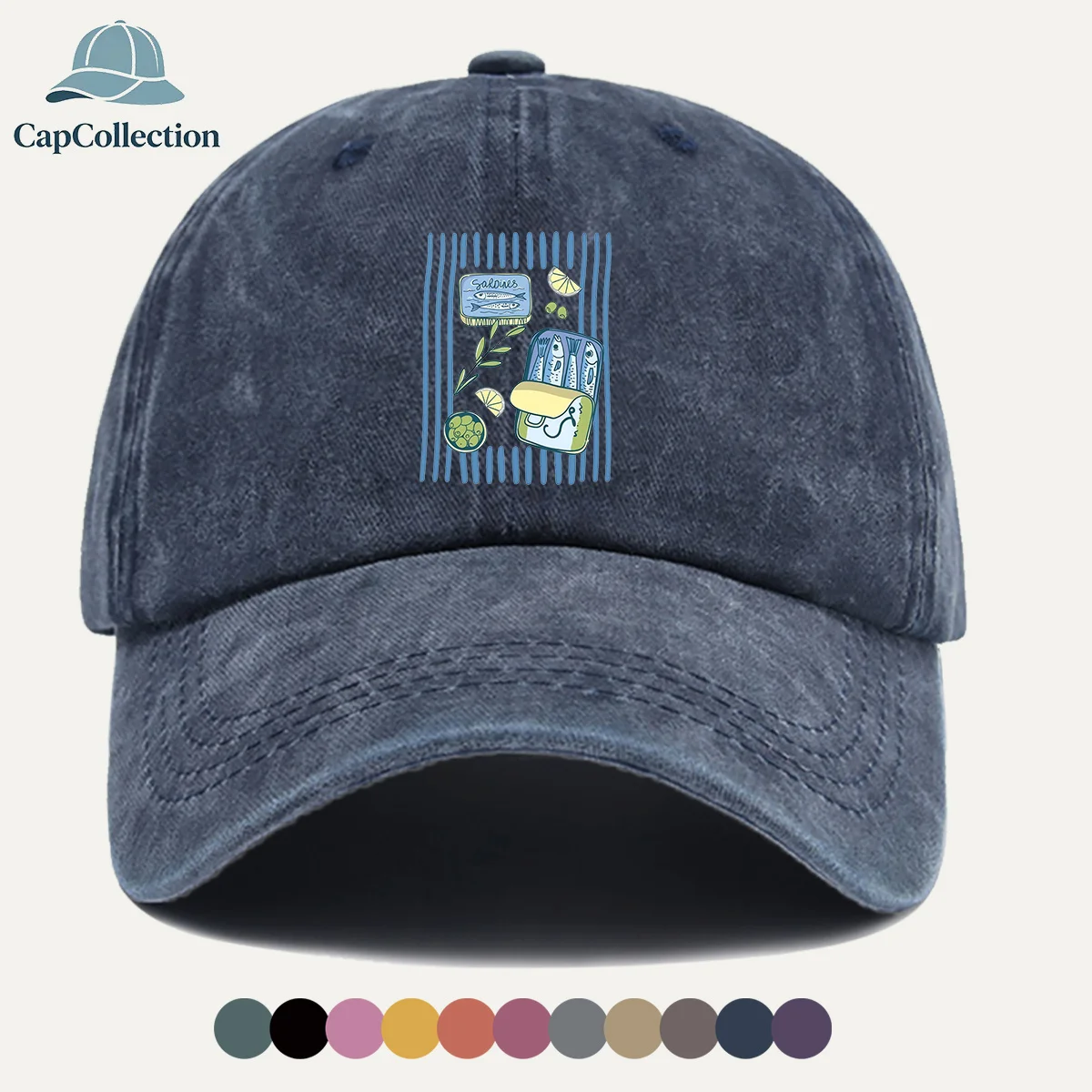 1 gorra de béisbol con estampado de ilustración divertida con temática de lata de sardinas, fondo vintage azul y negro a rayas, sardina, rodaja de limón, aceituna