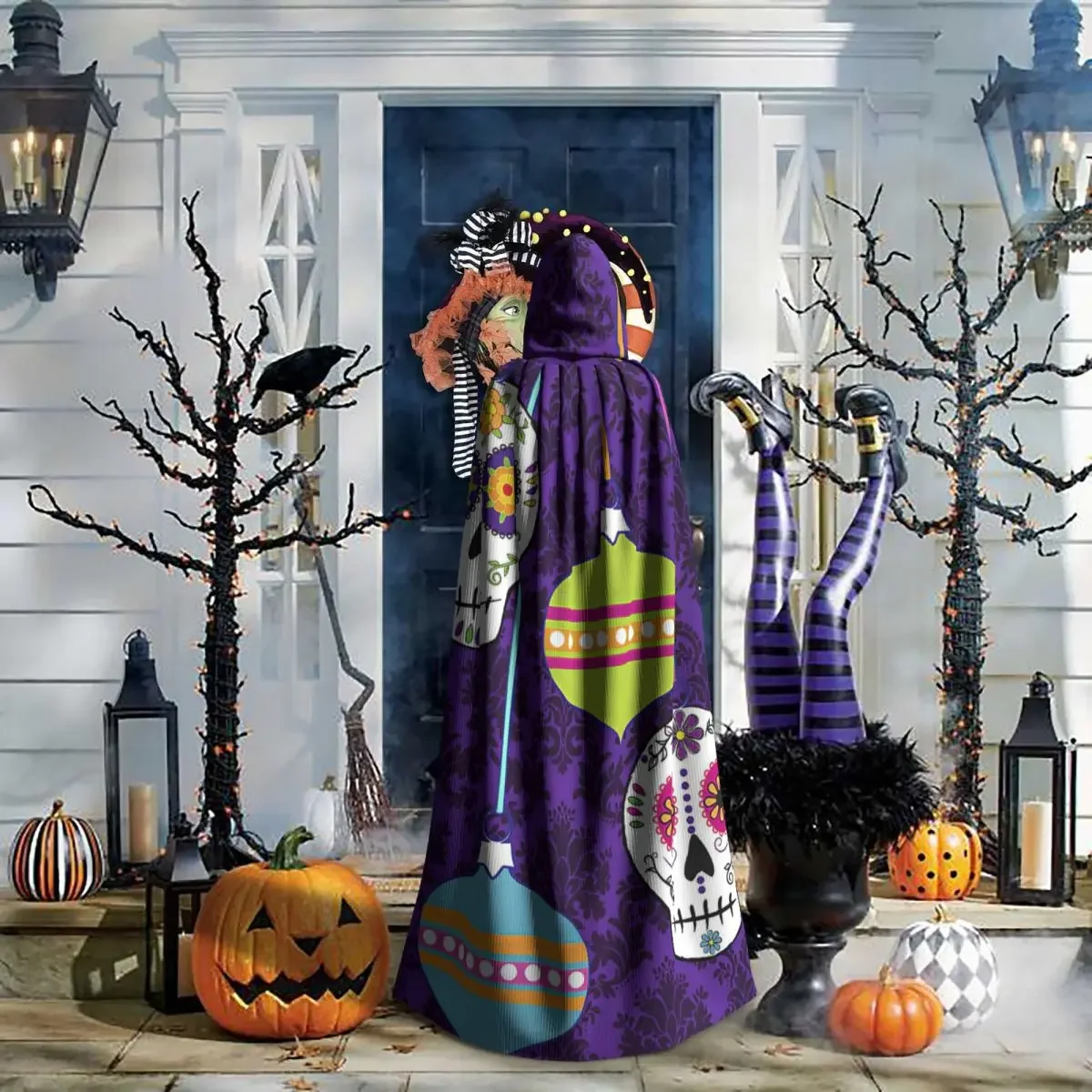 Feliz Navidad Vakantie Suiker Schedels Kunst Print Capuchon Mantel Halloween Feest Cosplay Vrouw Mannen Volwassen Lange Hekserij Gewaad Capuchon