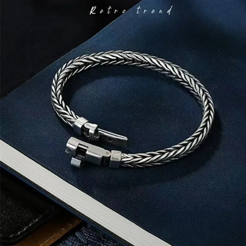 New Fashion Leisure Men's Bracelet S925 Retro Thai Silver Hand Woven Bangle Simple Student Versatile Jewelry For Men And Women