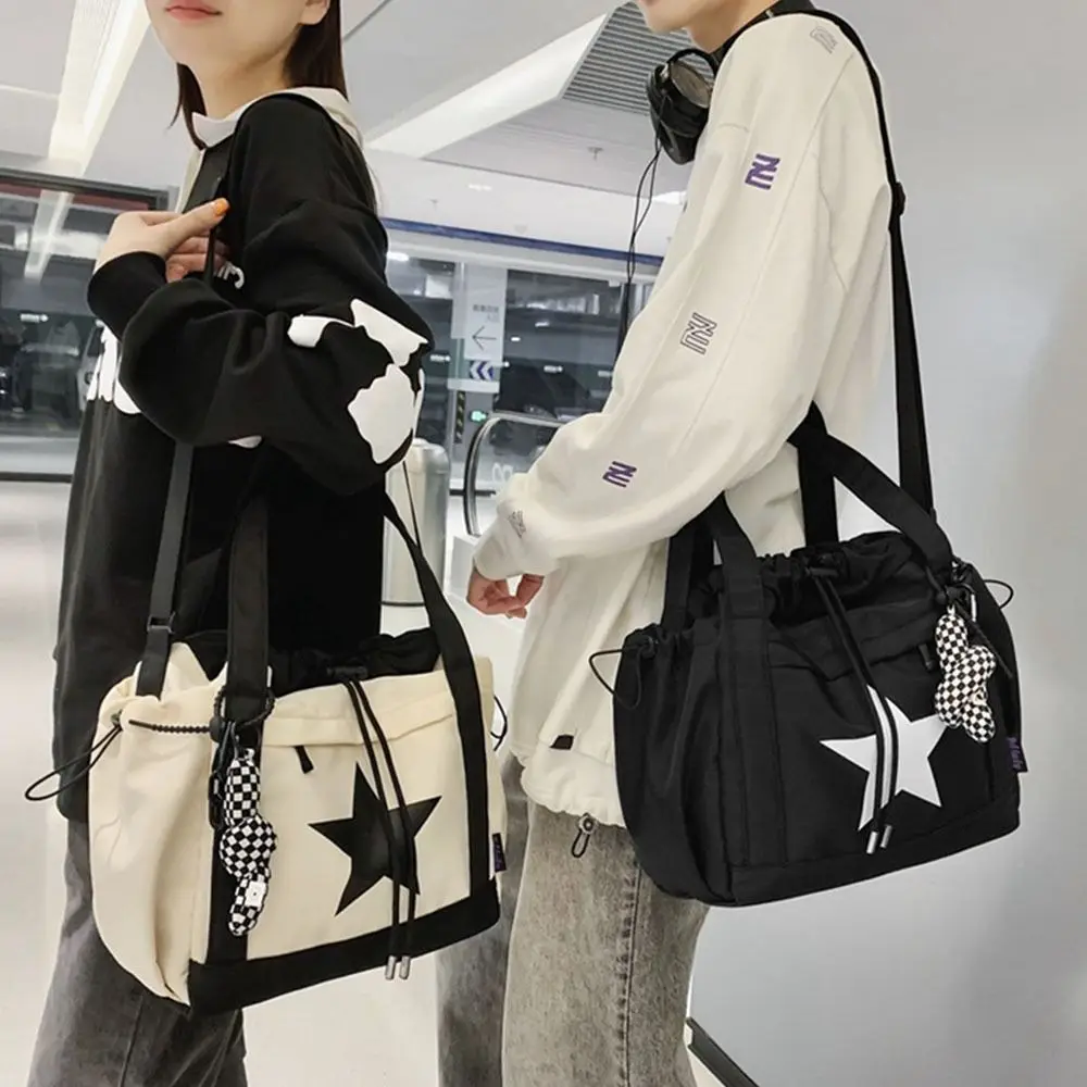 Cool Nylon Large Capacity Shoulder Bag Five-pointed Star Korean Style Star Tote Bag Drawstring Handbag Y2K Crossbody Bag Outdoor