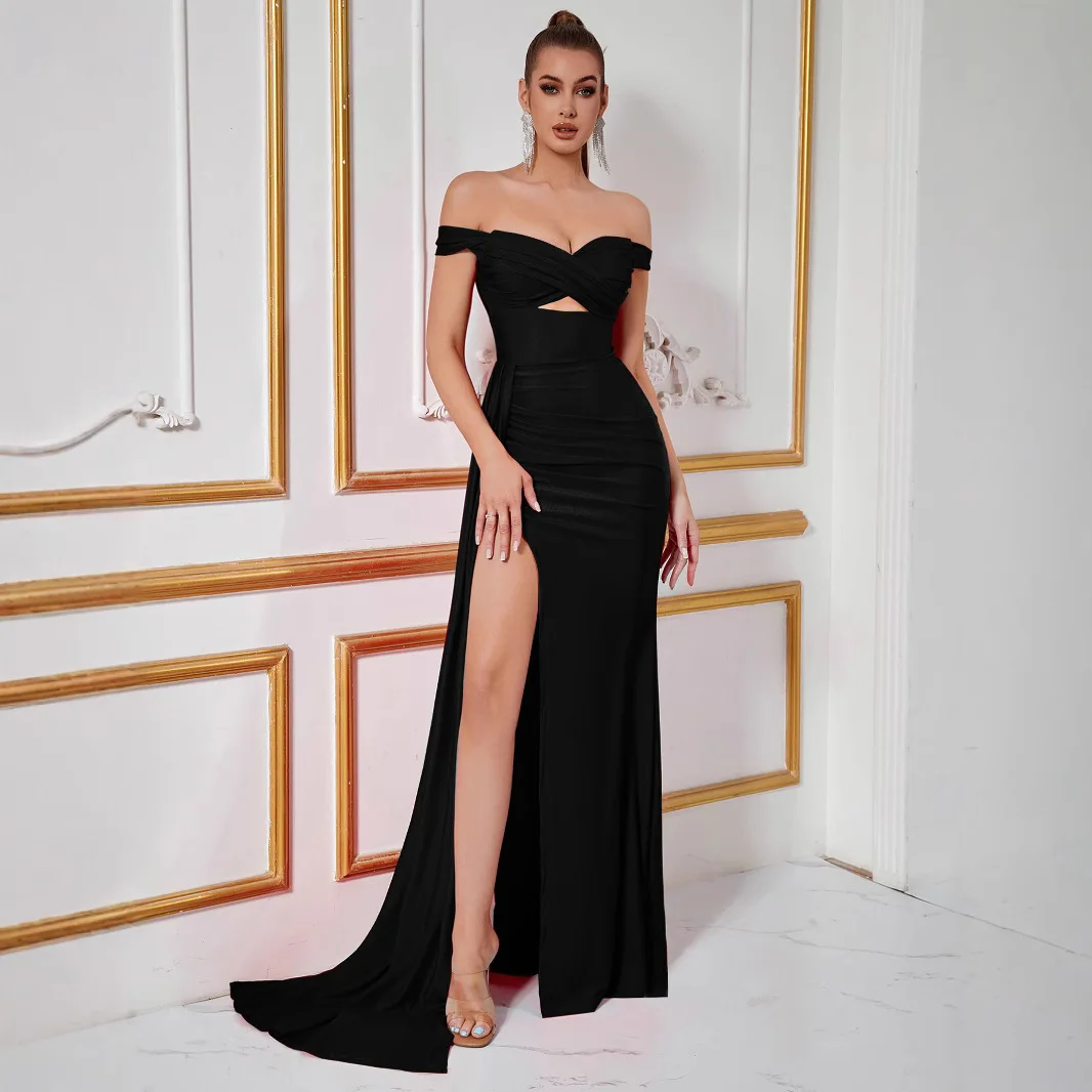 Sexy Floor-Length One-oulder Gown Open Split Par Evening Dr Silk Fabric mid Waist Stand Collar for Women's Special Occ...