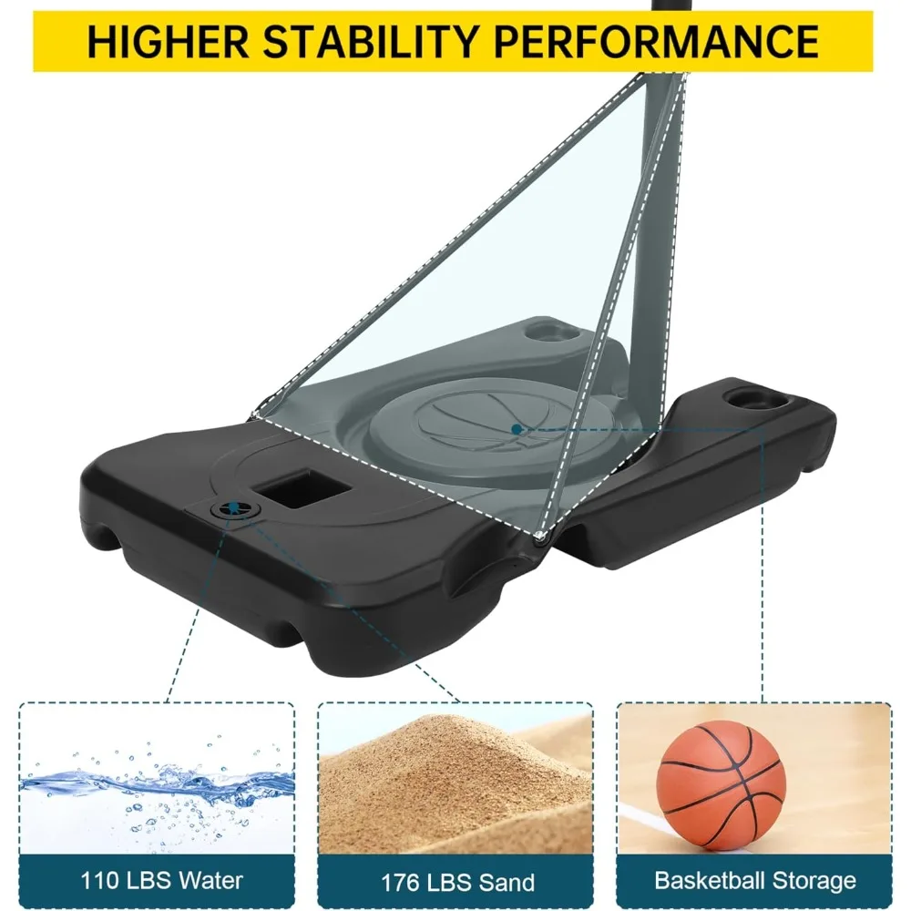 Sistema de portería de baloncesto portátil con altura ajustable, aro exterior de 4-10 pies, base ampliada y tablero de PC para cancha versátil