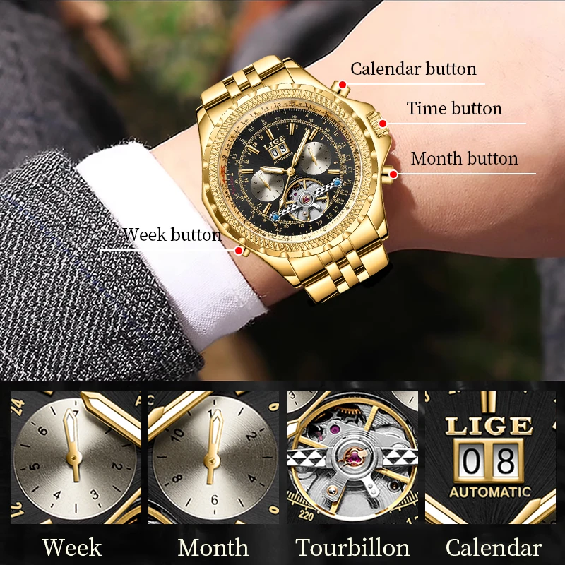 LIGE Luxury Automatic Mechanical Watch for Men Hollow Tourbillon Waterproof Luminous Date Week Stainless Steel Men\'s Watches