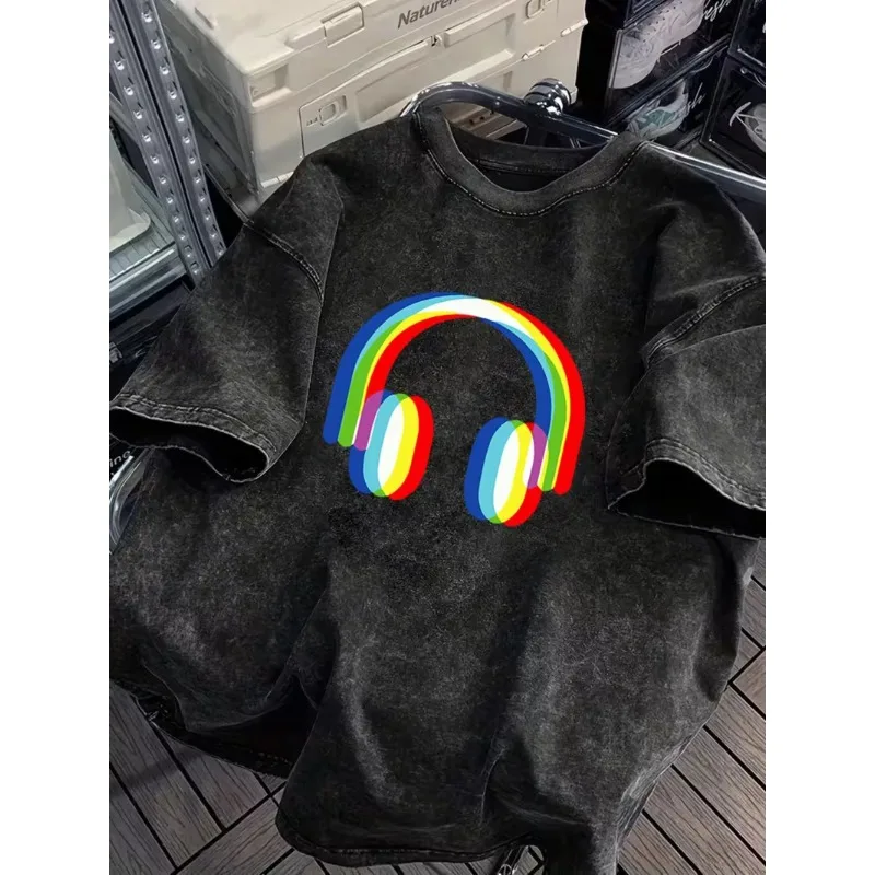 Rainbow Headphones Print T-Shirt Retro Music Lover Graphic Short Sleeve Colorful Y2K Casual Tops for Men Women