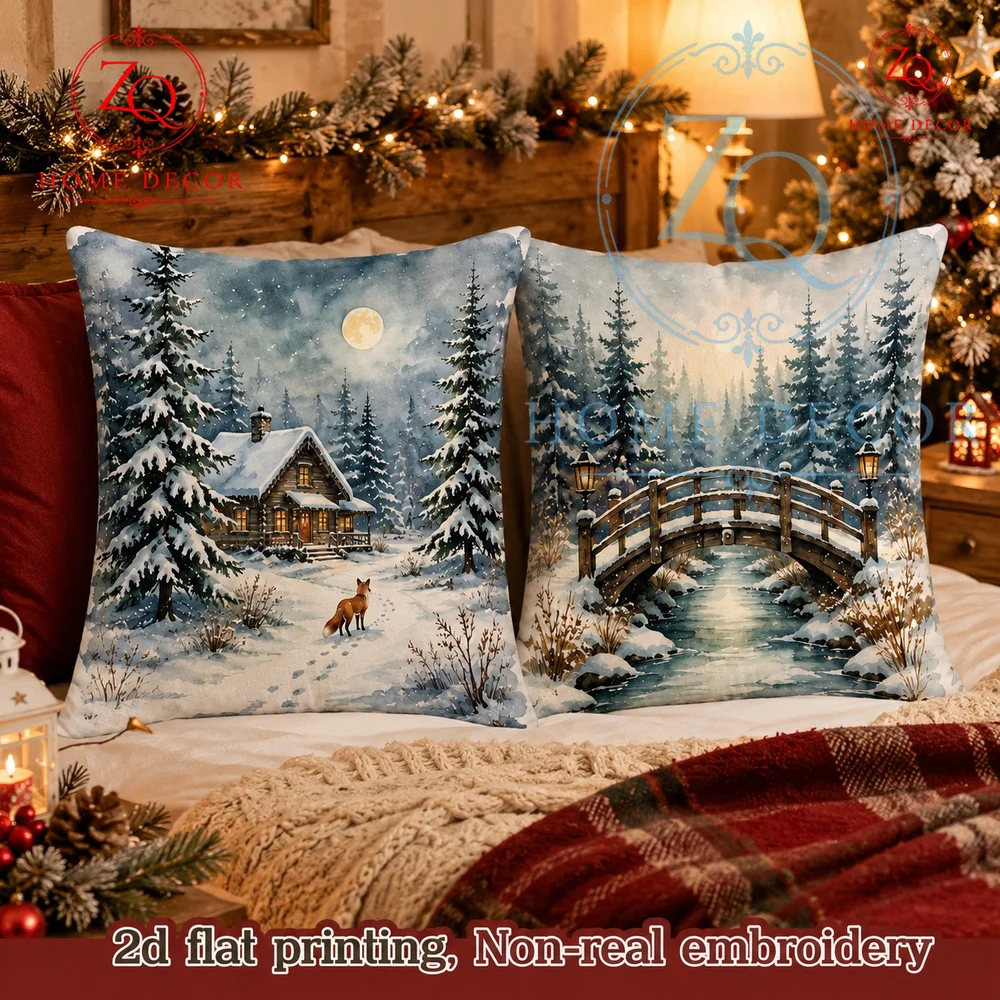 Vintage Winter Wonderland Throw Pillow Cover Rustic Snowy Cabin  Fox Watercolor Decorative Pillowcase Christmas Couch Bedroom