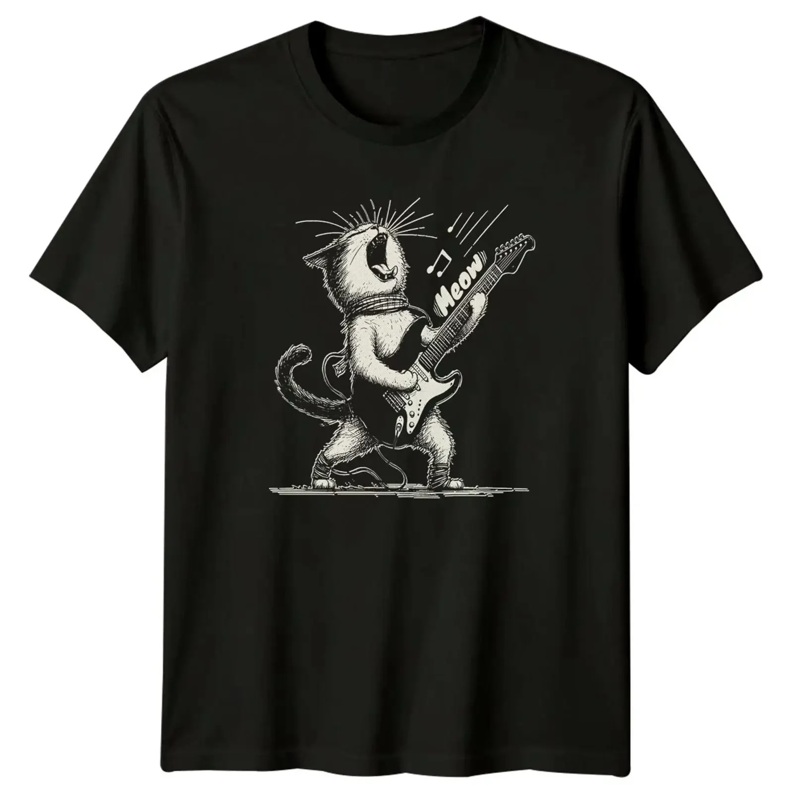 Rock Roll Meow Cat Playing T Shirt Gitarrist Katze Neuheit vintage Washed Top For Everyday Wear Comfortable Slightly Breathable