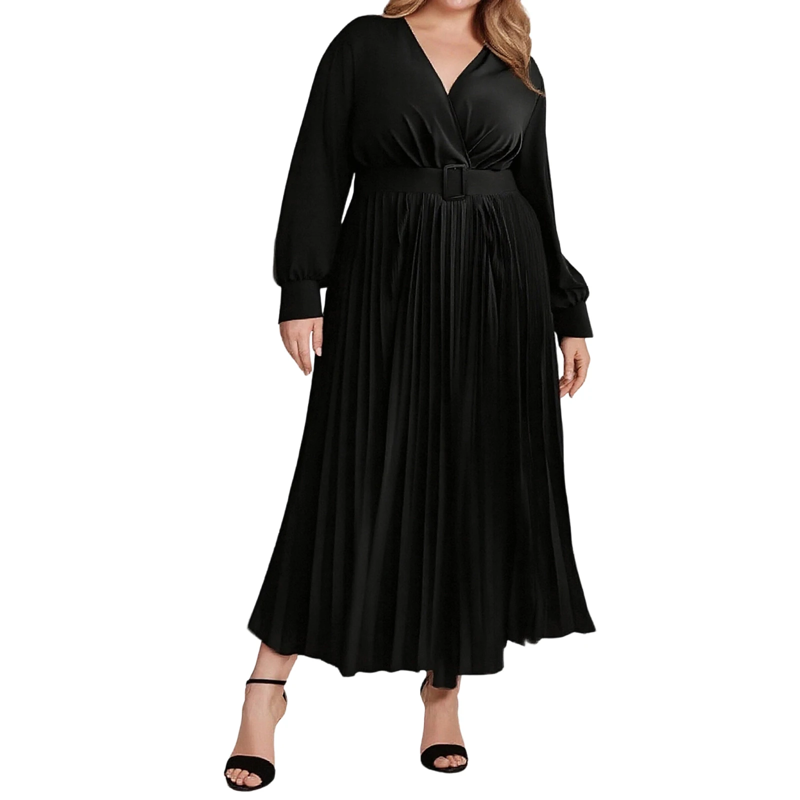 

Женское длинное платье с длинным рукавом и V-образным вырезом, плиссированное платье, осеннее свободное платье с поясом для вечеринки