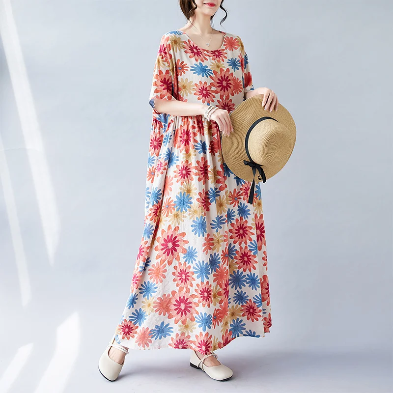 # 6561 zomer vintage bloemen bedrukte lange jurk korte mouw enkellange losse dunne o-hals retro hoog getailleerde vestidos zakken