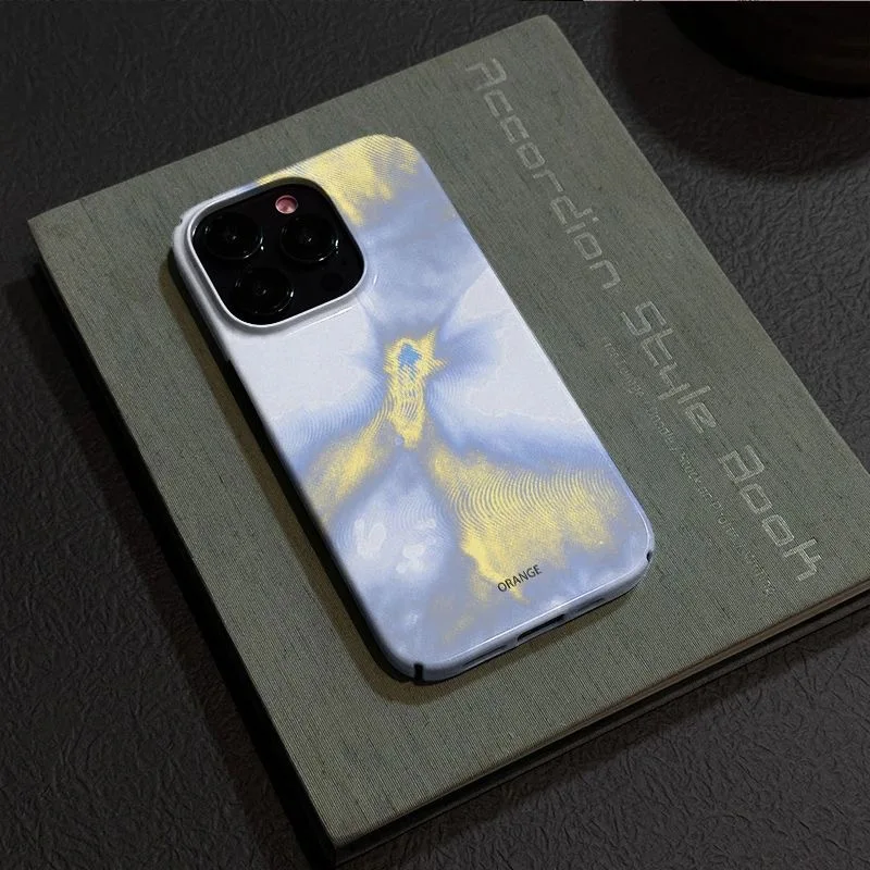 Elegante funda de teléfono con fondo gris de flujo azul y amarillo de color degradado para iPhone 16 15 14 11 12 13 Pro Max Plus contraportada