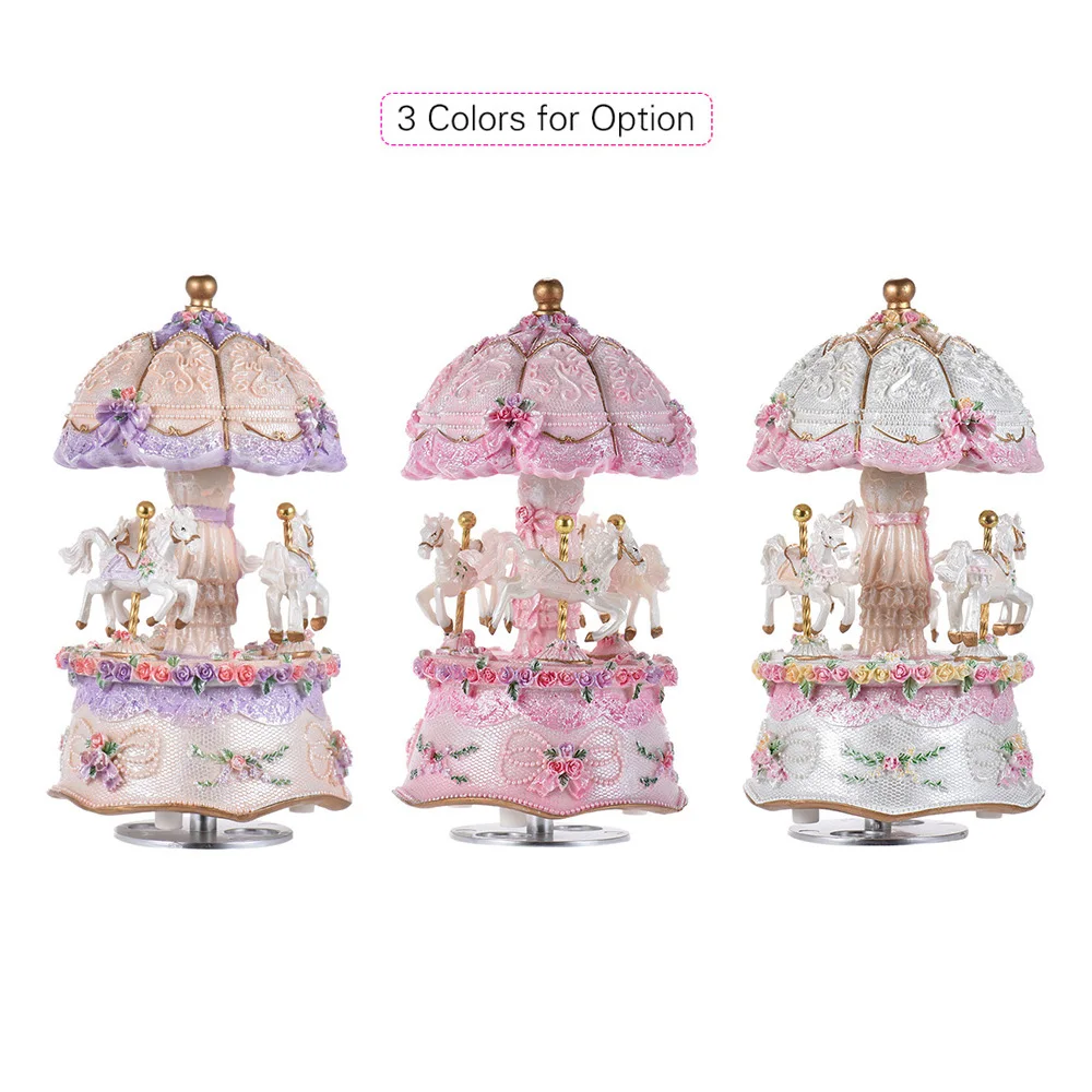 Luxury Dream 3-Horse Rotating Carousel Merry-go-round Windup Music Carousel with Colorful Color Change LED Luminous Light