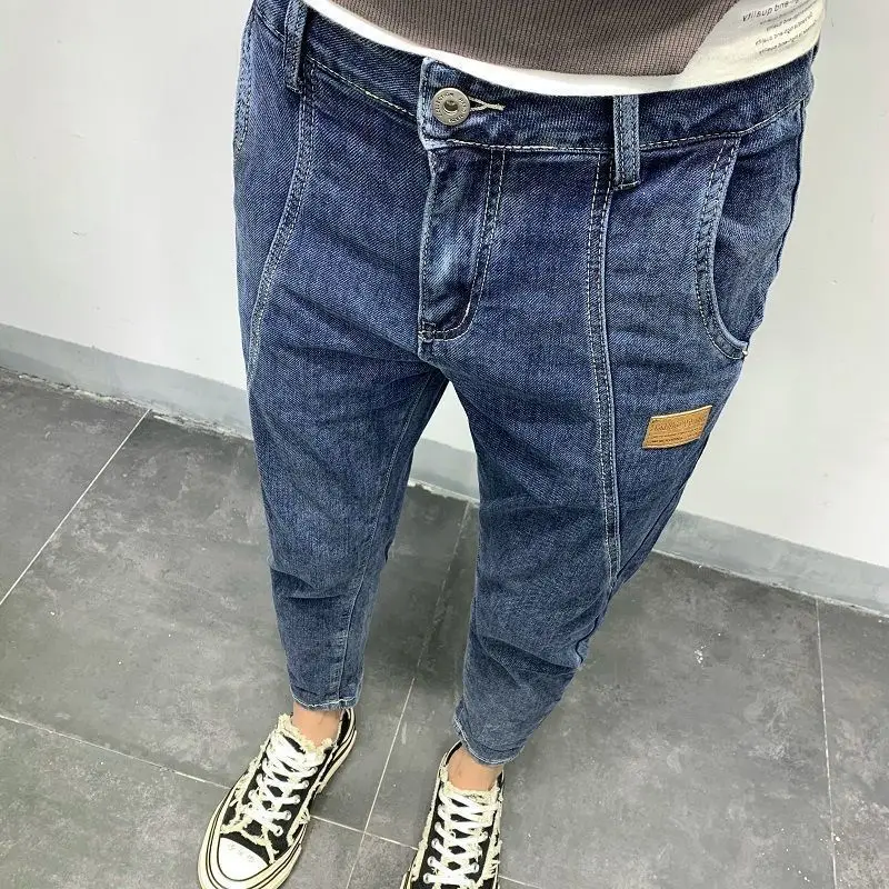 Spring Autumn Casual Loose Denim Jeans for Men Korean Baggy Trendy Patchwork Diagonal Pocket Harem Cargo Streetwear Trousers