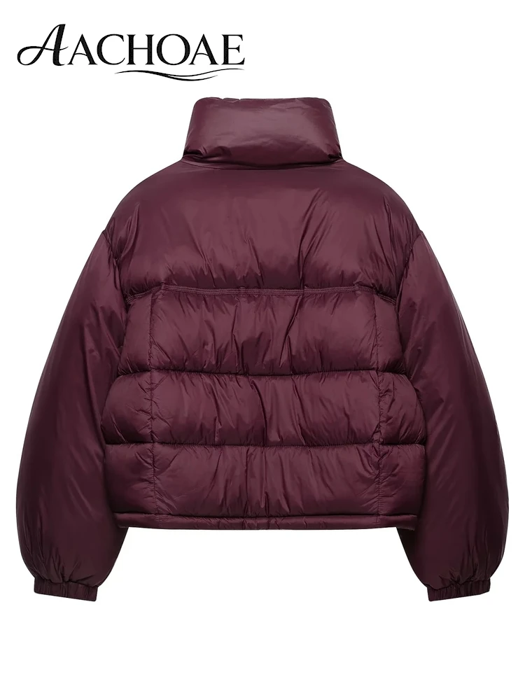 AACHOAE Women Oversized Puffer Jacket Winter Warm Stand Collar Long Sleeve Zip Up Cropped Padded Coat Loose Casual Outerwear