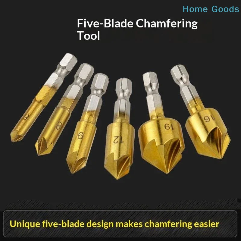 3/6Pcs Hexagonal Handle Titanium Plated Five Edge Chamfering Knife Countersunk Drill 6-19mm Woodworking Spot Facer Tool Set
