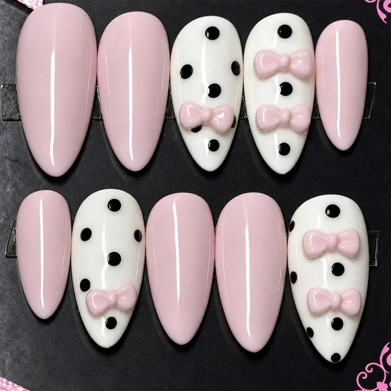 24PCS Sweet Pink Almond Press on Fake Nails Simple Black Polka Dots 3D Bowknot False Nails Ins French Acrylic Nails Full Cover
