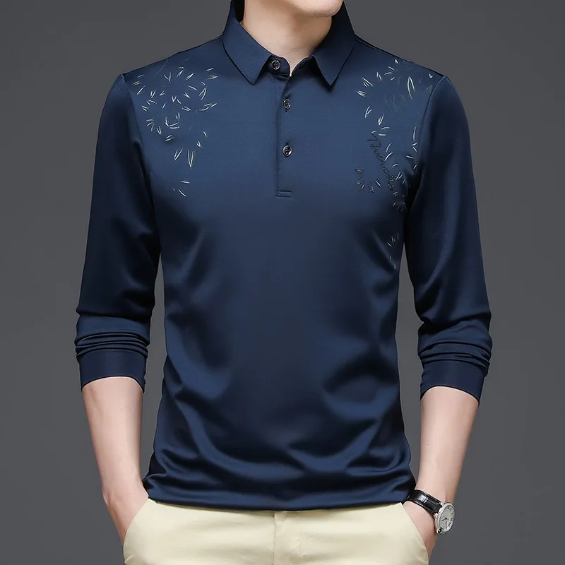 2023 Business Office Casual Polo Shirt Men\'s Fashion Trend Long Sleeve Printed Patchwork T-shirt Spring Autumn Male Clothes