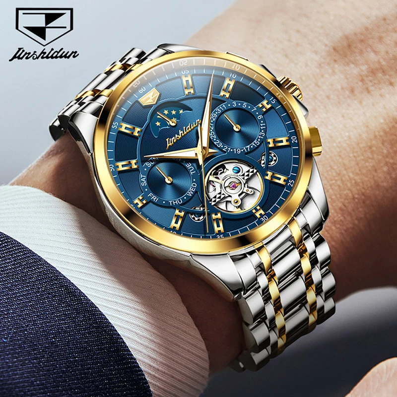 JSDUN orologi da uomo Top Brand Luxury Tourbillon orologio meccanico da uomo in acciaio inossidabile impermeabile Fashion Moon Phase Watch Men