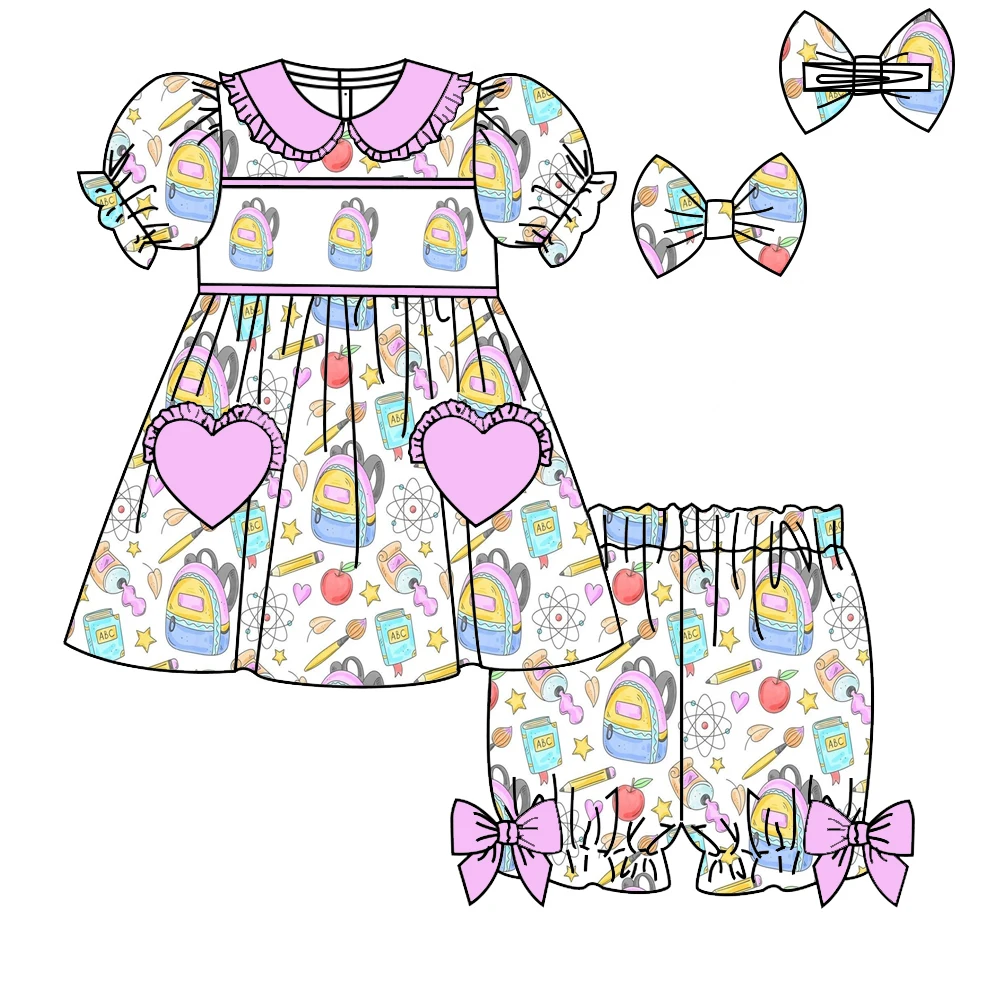 Back to School Printed Summer Girls Pajamas Set Short-sleeved Shirt and Shorts with Heart-shaped Pocket and Lapel Boutique Set