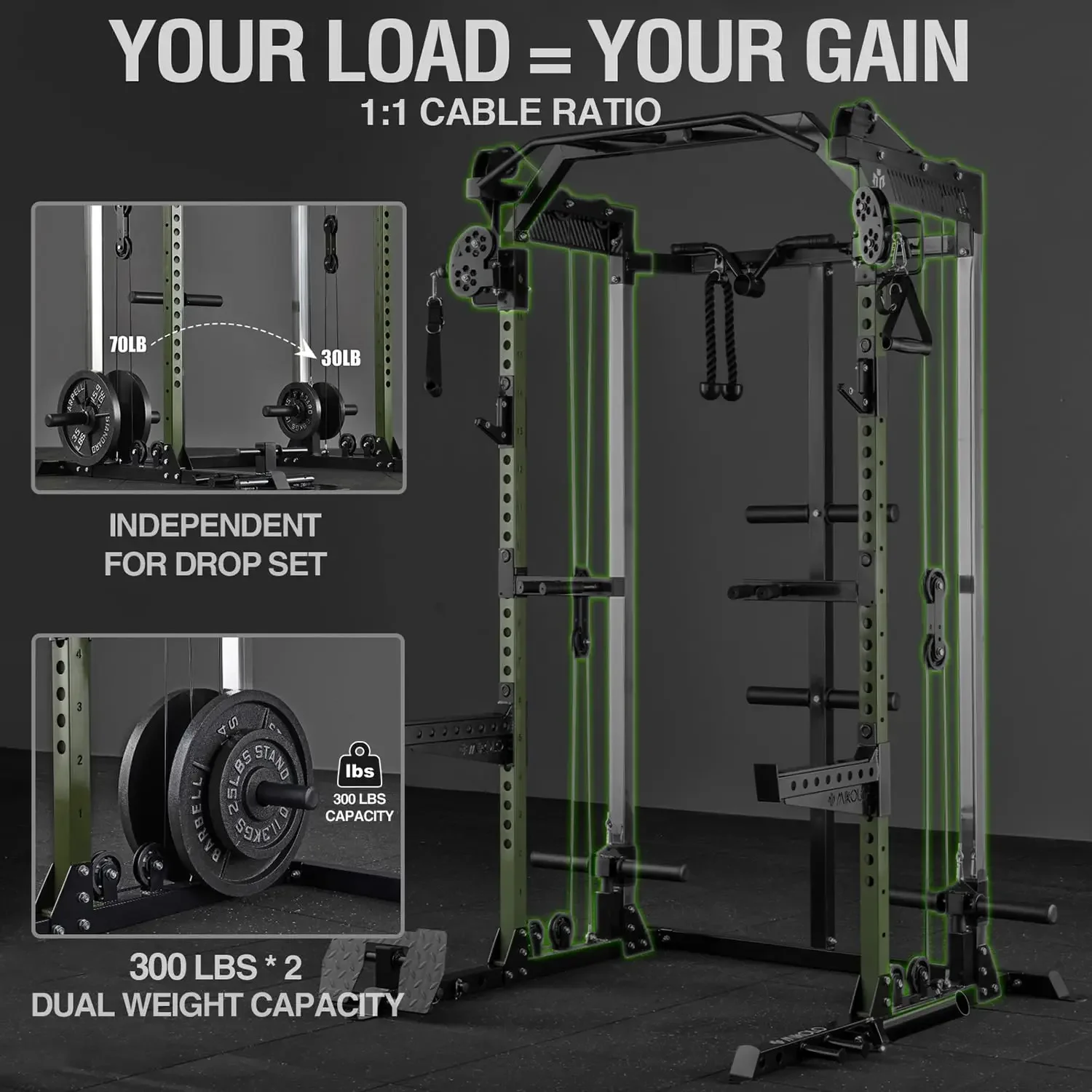 HR06 Power Cage with Aluminum Pulleys, 2000LB Power Rack with Independent Dual Pulley System, Multi-Function Home, Customized