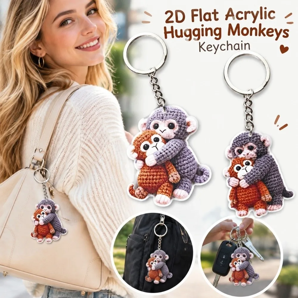 Cute 2D Flat Hugging Monkeys Keychain Acrylic Simulation Animal Charm Ornament Mini Monkey Pendant For Best Friends