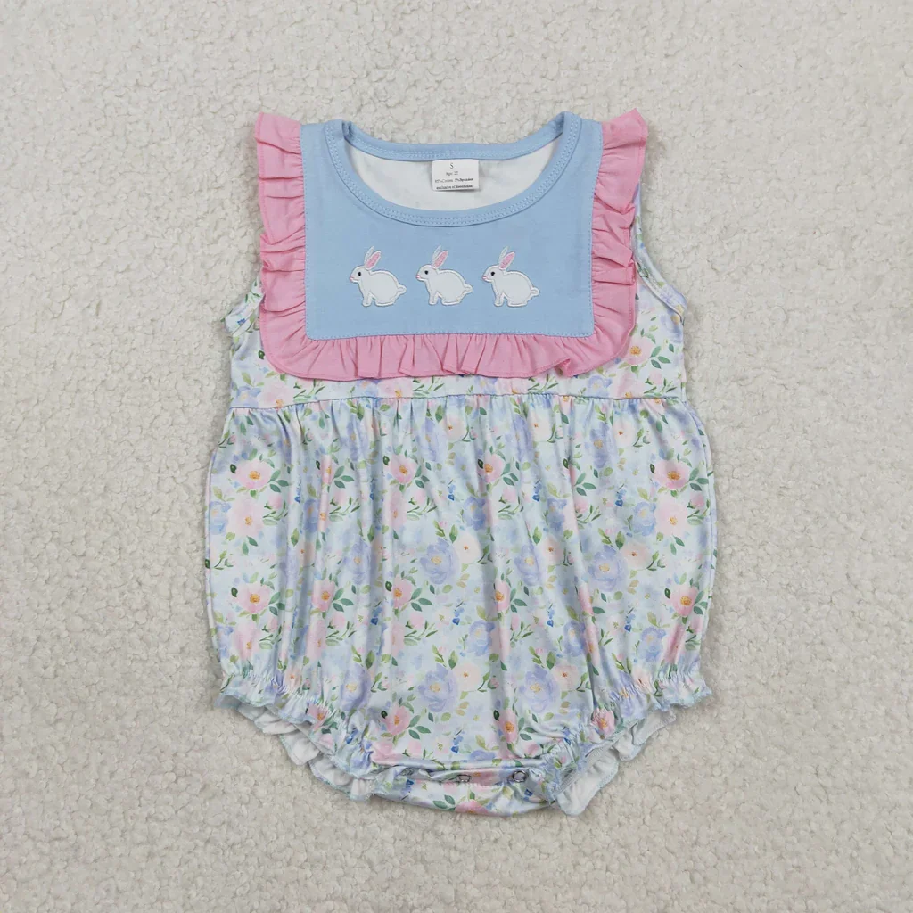 

Embroidery Easter Rabbit Blue Baby Girls Romper