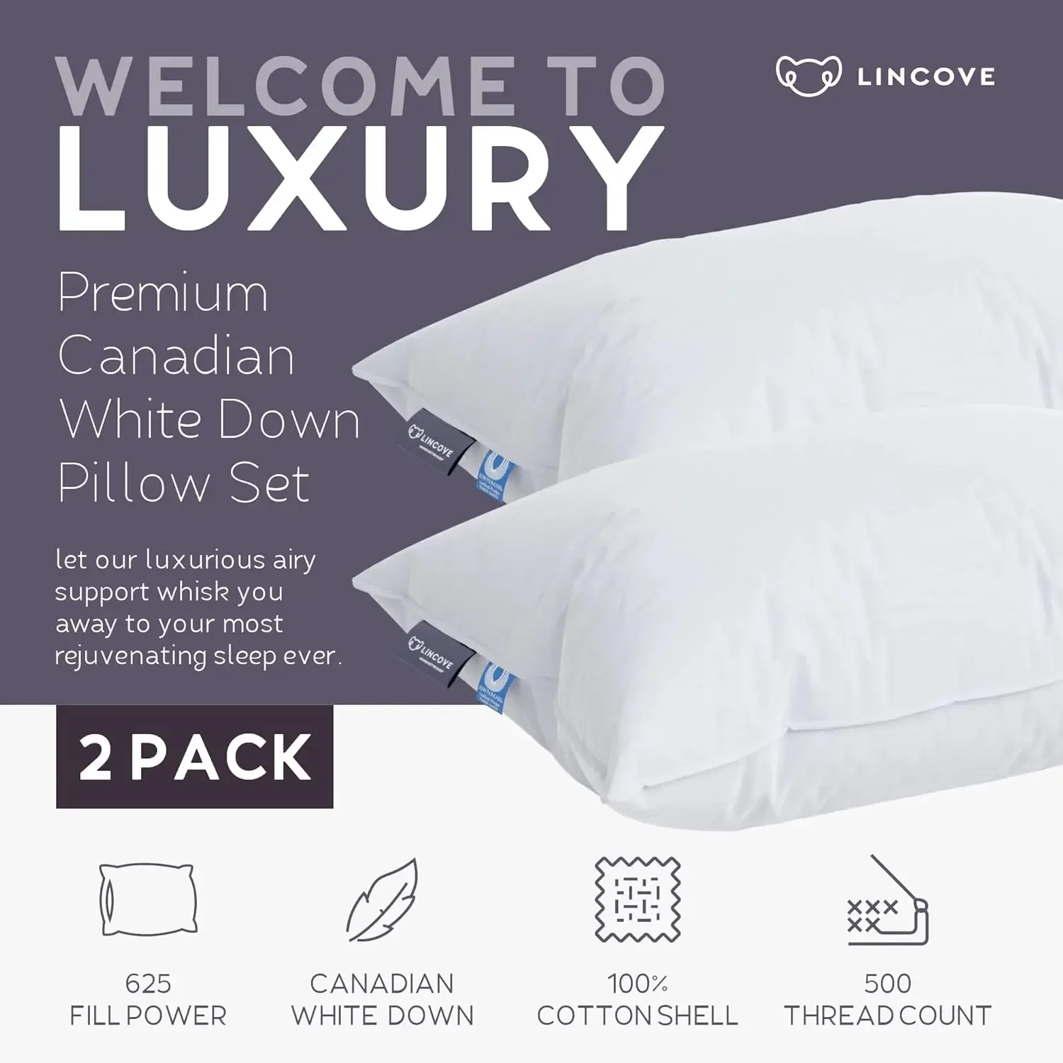 Cloud Natural Canadian White Down Luxury Sleeping Pillow - 625 Fill Power, 100% Cotton Shell, 500 Thread Count, Made in