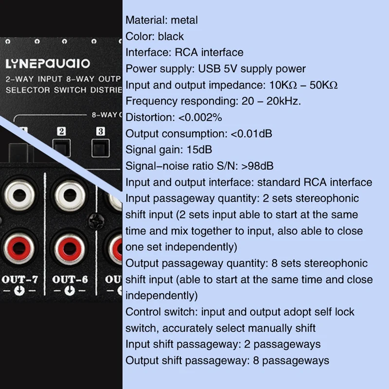 2 In 8 Out Audio Frequency Signal Selector Shift Device Support 2 Sets Mix Input And 8 Sets Output RCA Interface