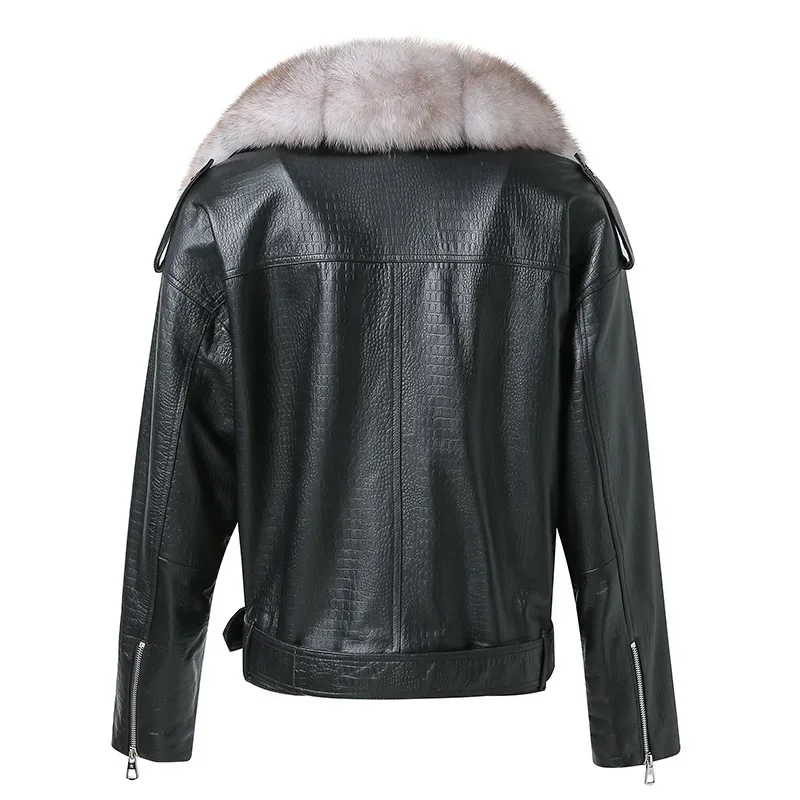 Chaqueta de piel de oveja auténtica para mujer, abrigo de motociclista con cuello de piel de zorro Natural, manga desmontable, invierno y otoño, NZ5396