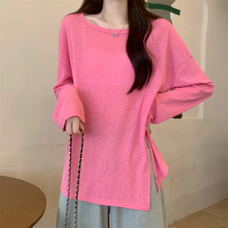 Korean version Thin Semi Transparent O-Neck Women sun protection T-shirt pinkycolor Lower fork Long sleeved tops Youth Elegant