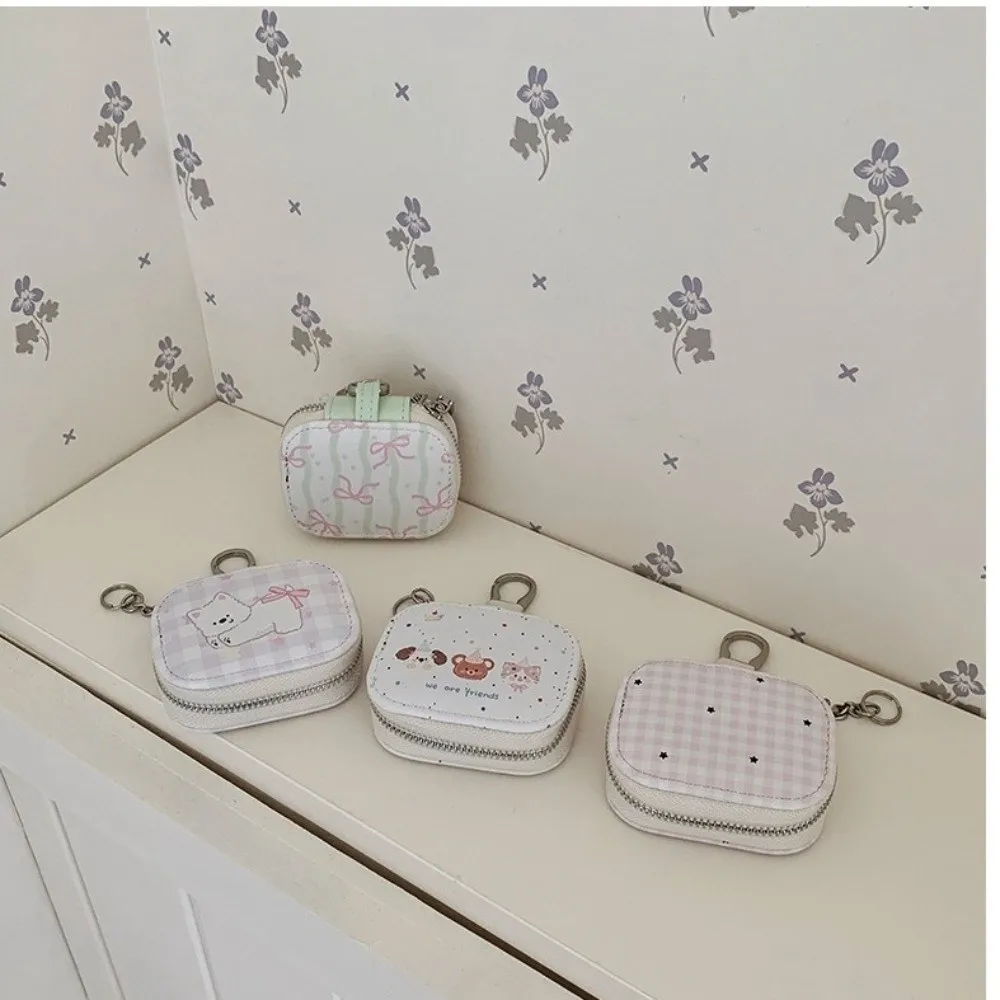 Portable Cartoon Print Portable Key Pouch with Hanging Chain Mini Earphone Bag PU Key Case