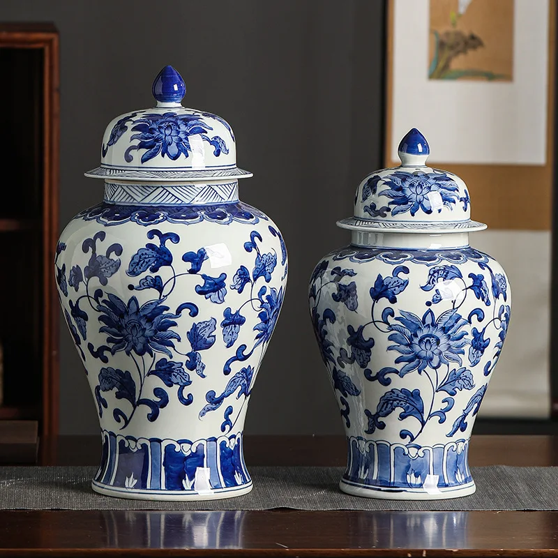 Jingdezhen vaso de porcelana azul e branco pintado à mão, estilo antigo, flor, pássaro, vaso geral com tampa de chá, decoração de casa, presente de amigo