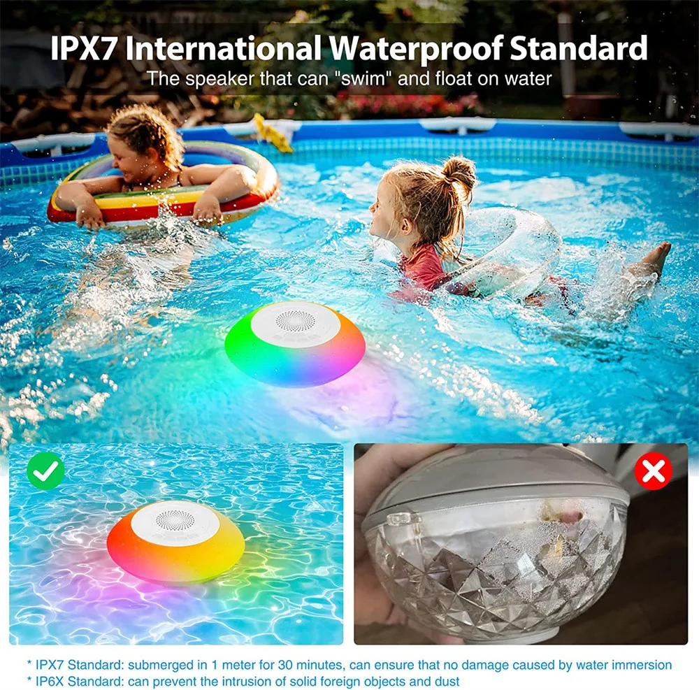 Luces LED impermeables para piscina, altavoces Bluetooth, sonido estéreo flotante, lámparas de colores para bañera y ducha, IPX7