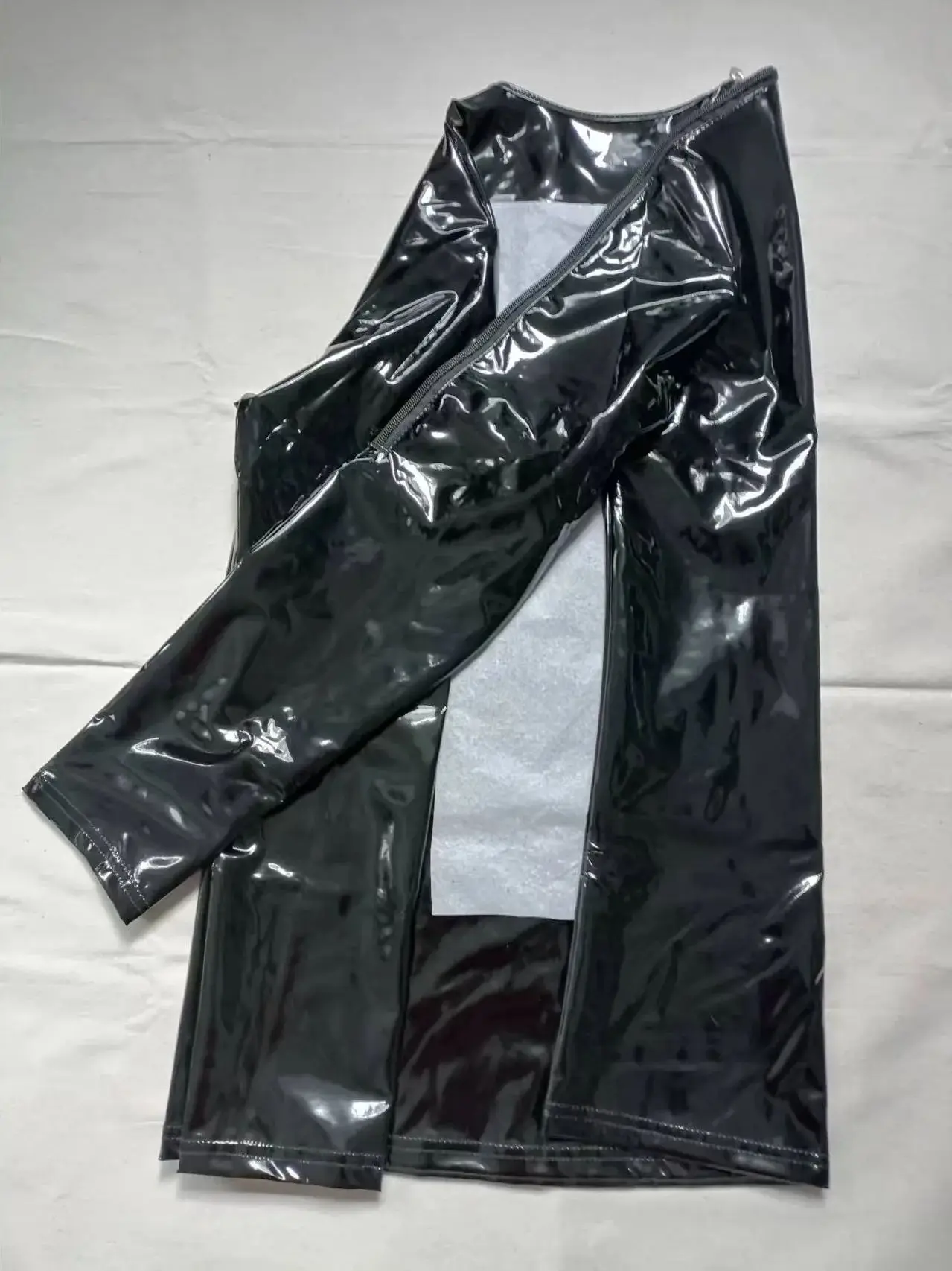 S-7XL Wet-Look PVC Langarm-T-Shirt Glänzendes PU-Leder Schulter-Reißverschluss-Shirts Hip-Hop Performance-Tops Motor-Biker-T-Shirt
