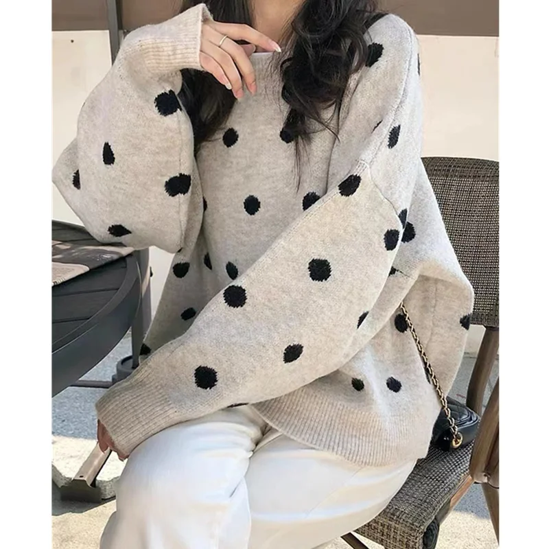 wave point thickened round neck pure woolen sweater woman autumn winter lazy loose cashmere knit sweater bottom sweater jacket