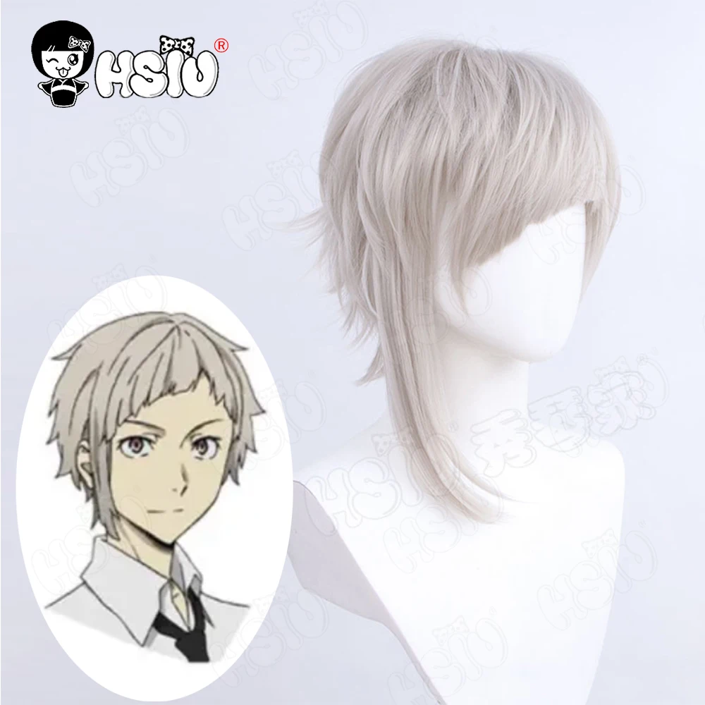 Nakajima Atsushi Cosplay Wig Fiber synthetic wig Stray Dogs「HSIU 」Light lotus root gray short Wig Halloween Role Play Wigs