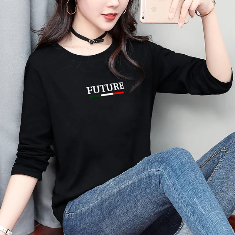 Spring and Autumn Women\'s Solid Colors O-Neck Long Sleeve Loose Printed Pullovers Plus Size Fashion Casual Commute Tops