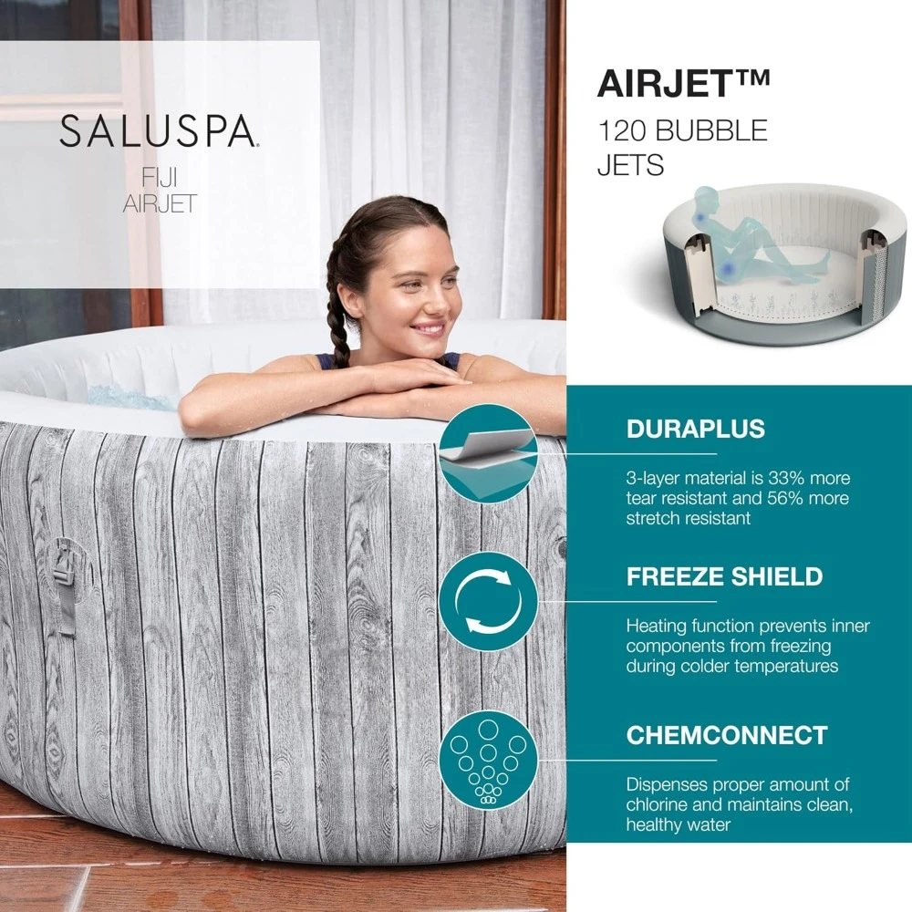 SaluSpa Fiji AirJet 2 to 4 Person Inflatable Hot Tub Round Portable Outdoor Spa with 120 Soothing AirJets and Cover