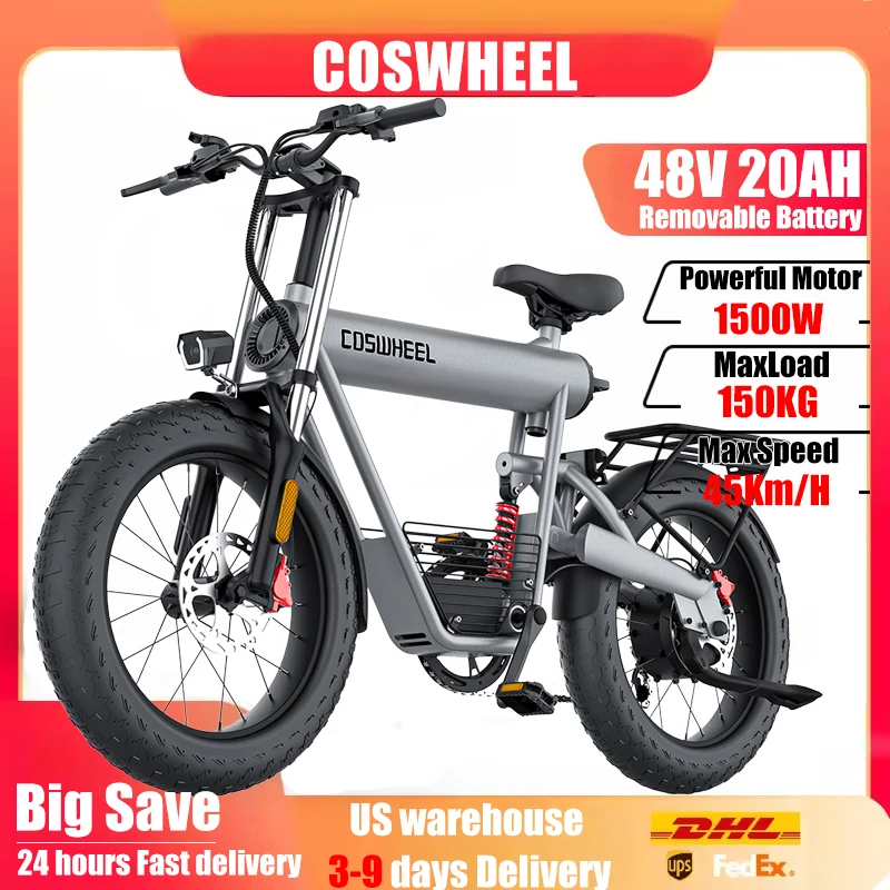 

COSWHEEL T20 Electric Bicycle Peak 1500W Motor 48V20AH Lithium Battery Electric Bike 45KM/h city E-bike Ebike for Adults