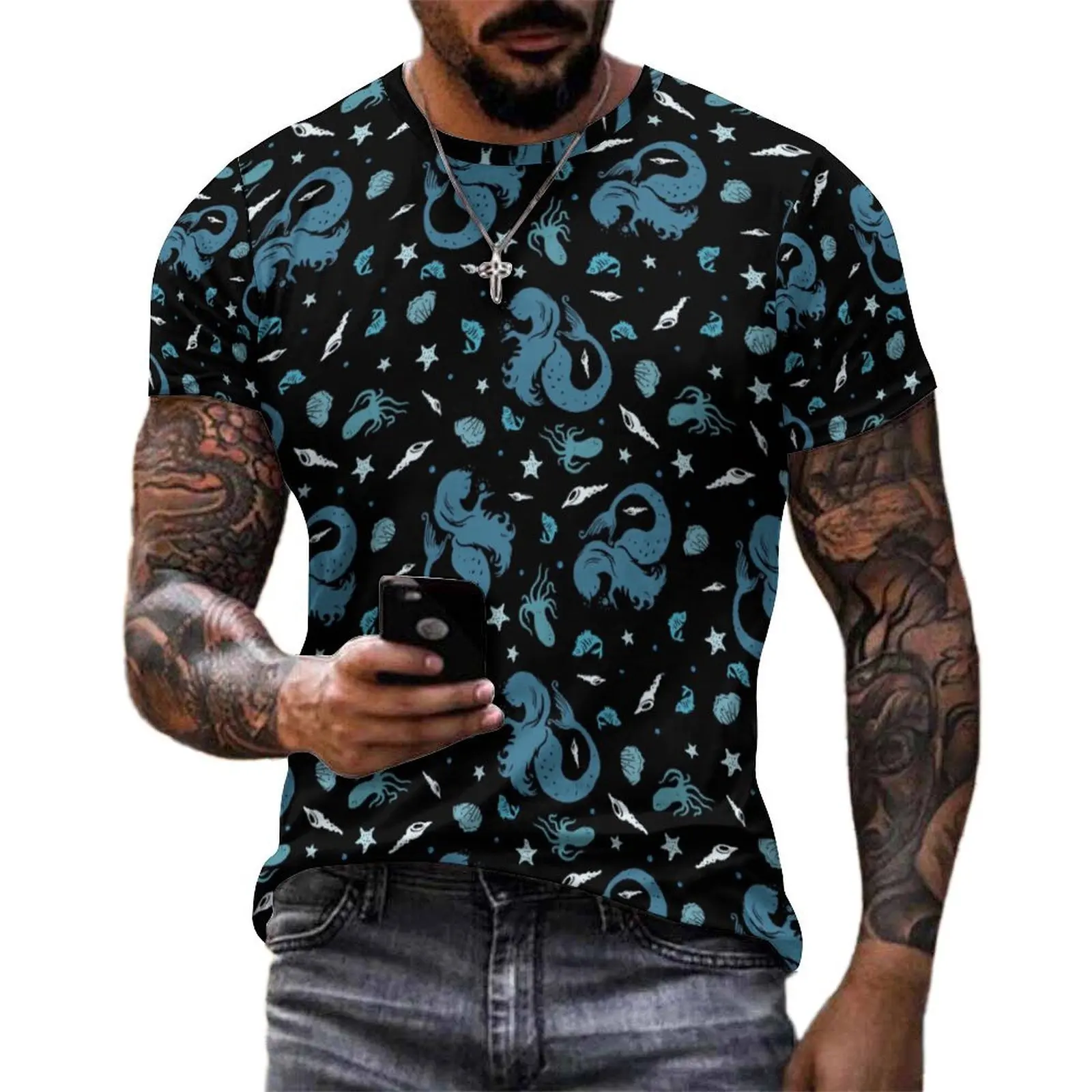 Camiseta de verano con silueta de sirena, camisetas con estampado de estrella de mar, pulpo, pez, vida marina, camisetas de moda para hombres, ropa holgada de manga corta